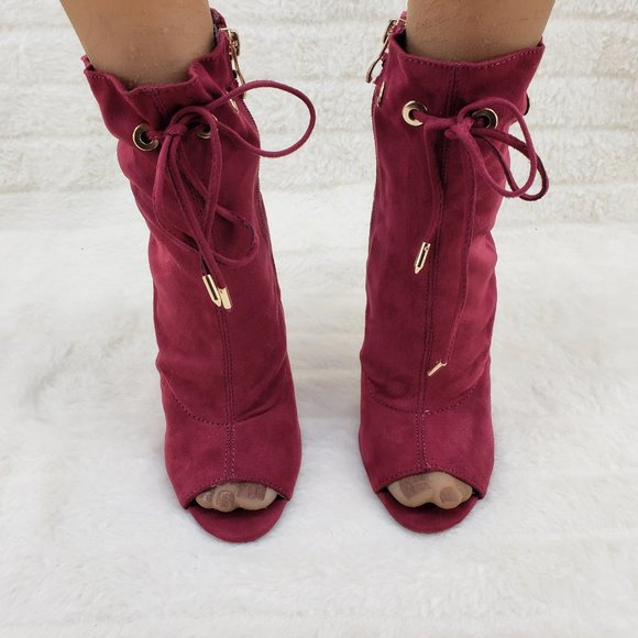 Burgundy Wine Red Drawstring Open Toe High Heel Ankle Boots - Picture 9 of 10